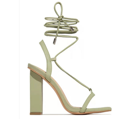 Women's Square Toe Ankle Lace-Up High Heels - Sage