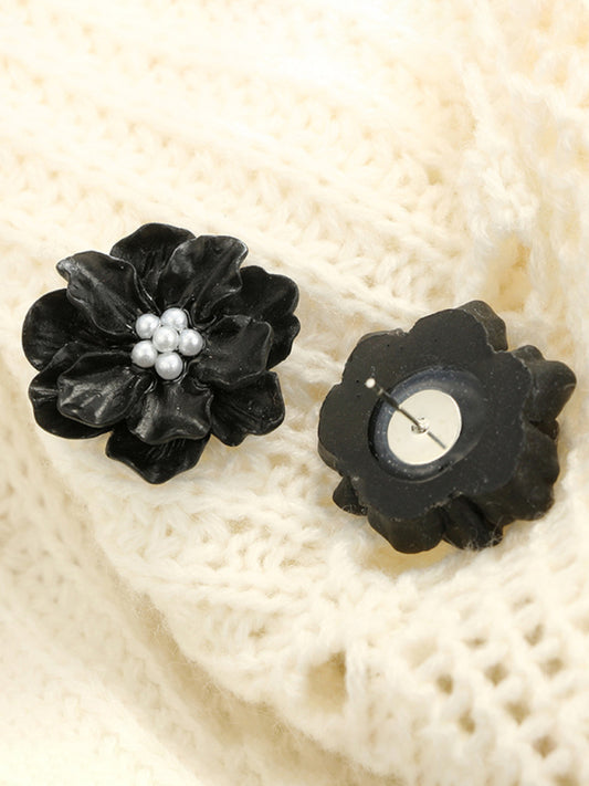 Three Dimensional Camellia Flower Earrings with Pearls - Black Original