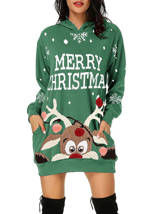 Women's Christmas Print Mid Length Hooded Sweater Dress - Pattern1