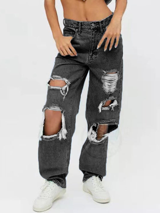 Women's Ripped High Waist Relaxed Baggy Jeans -