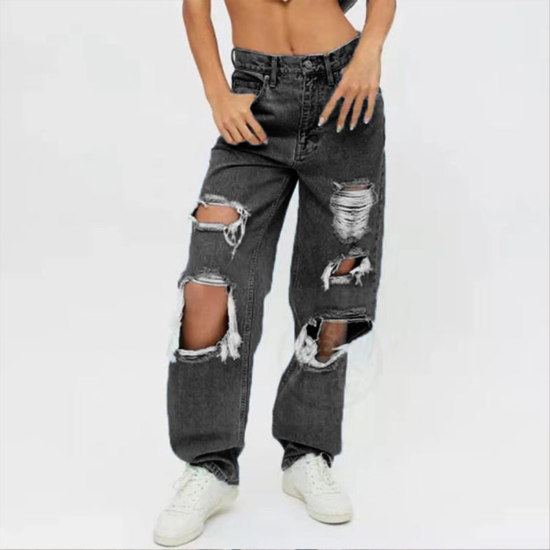 Women's Ripped High Waist Relaxed Baggy Jeans - Black
