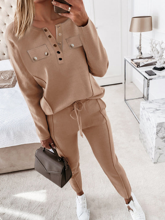 Women's Solid Color Button Front Sweatshirt And Joggers Set - Brown