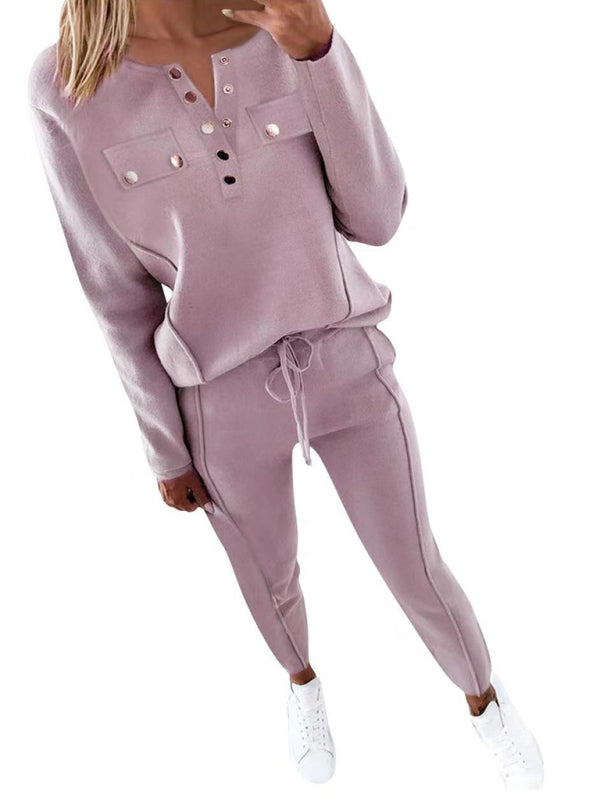 Women's Solid Color Button Front Sweatshirt And Joggers Set -