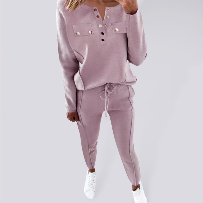 Women's Solid Color Button Front Sweatshirt And Joggers Set - Pink