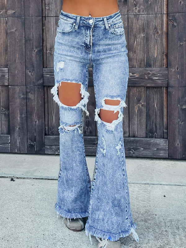 New women's ripped tassel flared jeans -