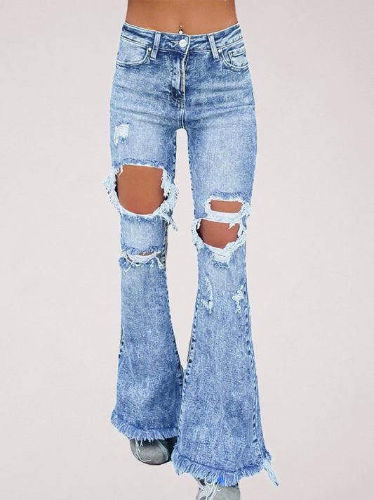 New women's ripped tassel flared jeans - Blue