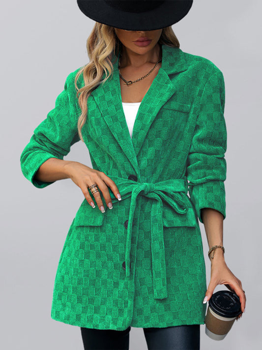 Women's Solid Color Tie Waist Checkerboard Corduroy Blazer - Green