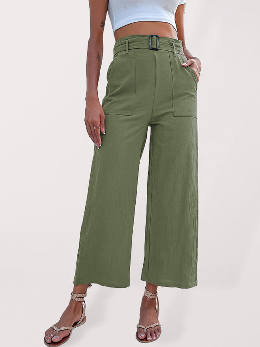 Women's Solid Color Belted Crop Wide-leg Pants - Green