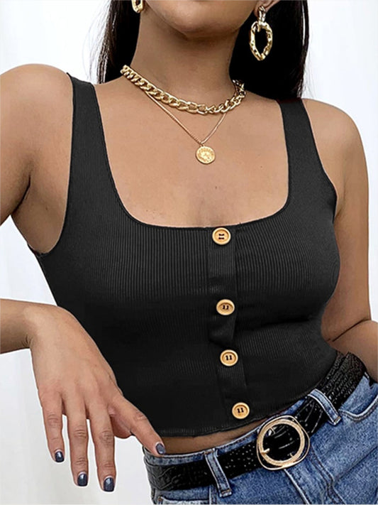 Women's Knit Square Neck Button Breasted Tank Top - Black