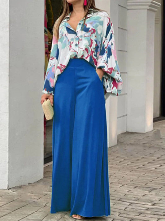 Women's Printed Long Sleeve Button Front Closure With Wide Leg Pants Set - Blue