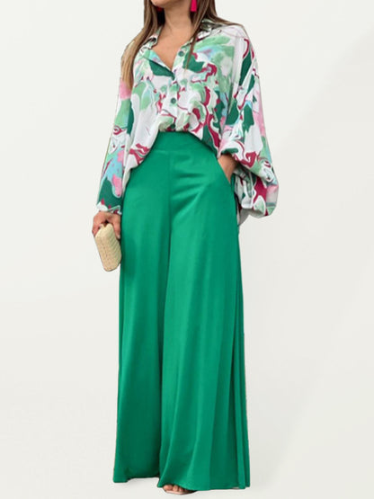 Women's Printed Long Sleeve Button Front Closure With Wide Leg Pants Set - Green