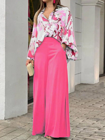 Women's Printed Long Sleeve Button Front Closure With Wide Leg Pants Set - Pink