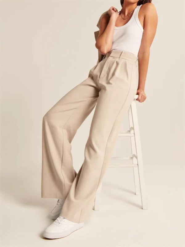 Women's high waist wide-leg pants with matching belt wide-leg casual suit pants - Cracker khaki