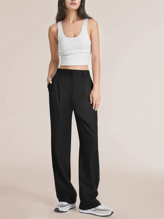 Women's high waist wide-leg pants with matching belt wide-leg casual suit pants - Black