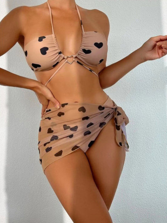 Three-Piece Heart Bikini and Skirt Cover Up Set - Cracker khaki