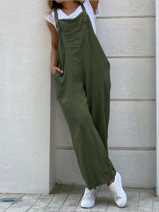 Women's Solid Color Ankle Length Linen Jumpsuit - Olive green