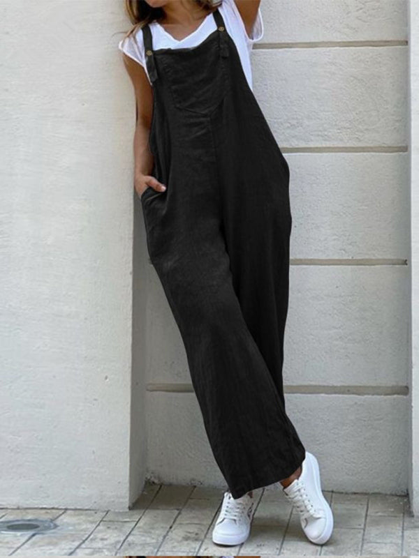Women's Solid Color Ankle Length Linen Jumpsuit - Black