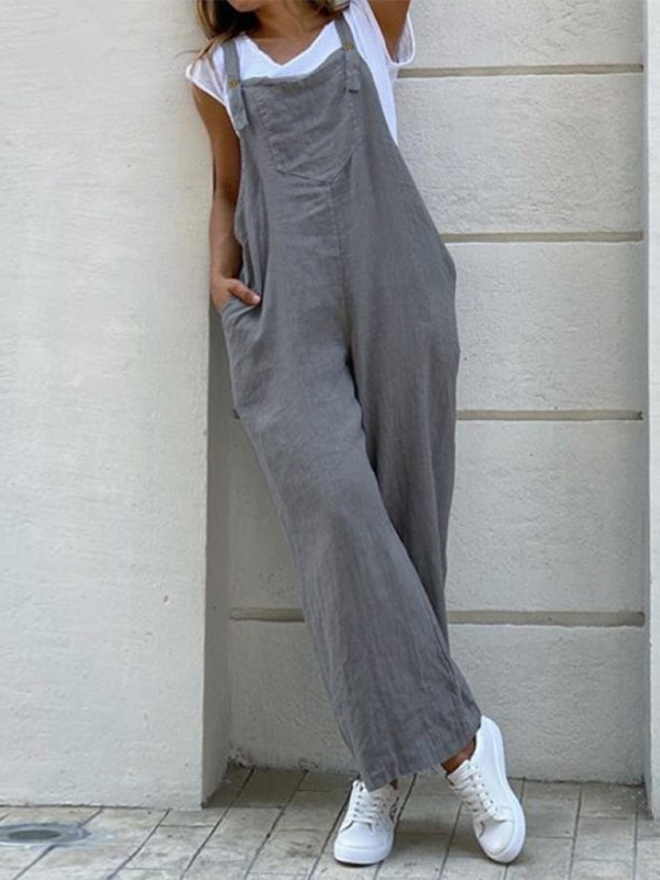Women's Solid Color Ankle Length Linen Jumpsuit - Grey