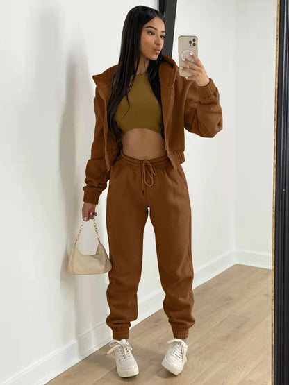 Women's Knitted Casual Sports Fleece Hooded Three-piece Suit - Brown