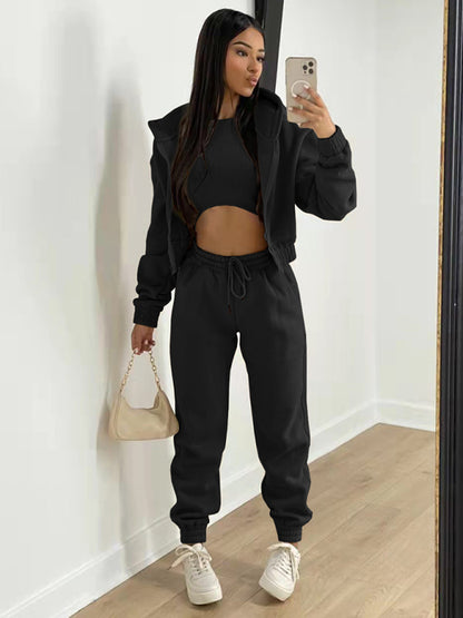 Women's Knitted Casual Sports Fleece Hooded Three-piece Suit - Black