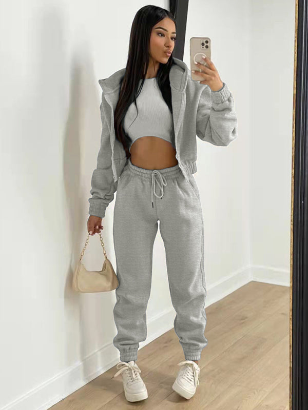 Women's Knitted Casual Sports Fleece Hooded Three-piece Suit - Grey