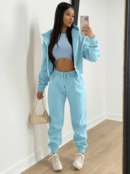 Women's Knitted Casual Sports Fleece Hooded Three-piece Suit - Acid blue