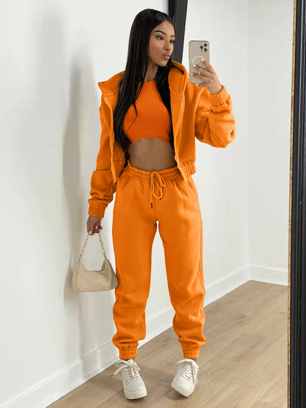 Women's Knitted Casual Sports Fleece Hooded Three-piece Suit - Orange