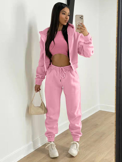Women's Knitted Casual Sports Fleece Hooded Three-piece Suit - Pink