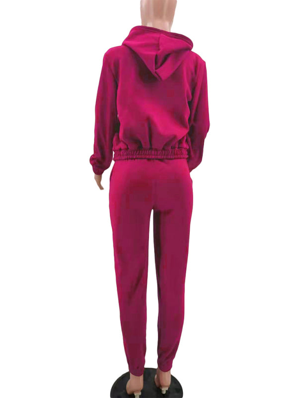 Women's Knitted Casual Sports Fleece Hooded Three-piece Suit -
