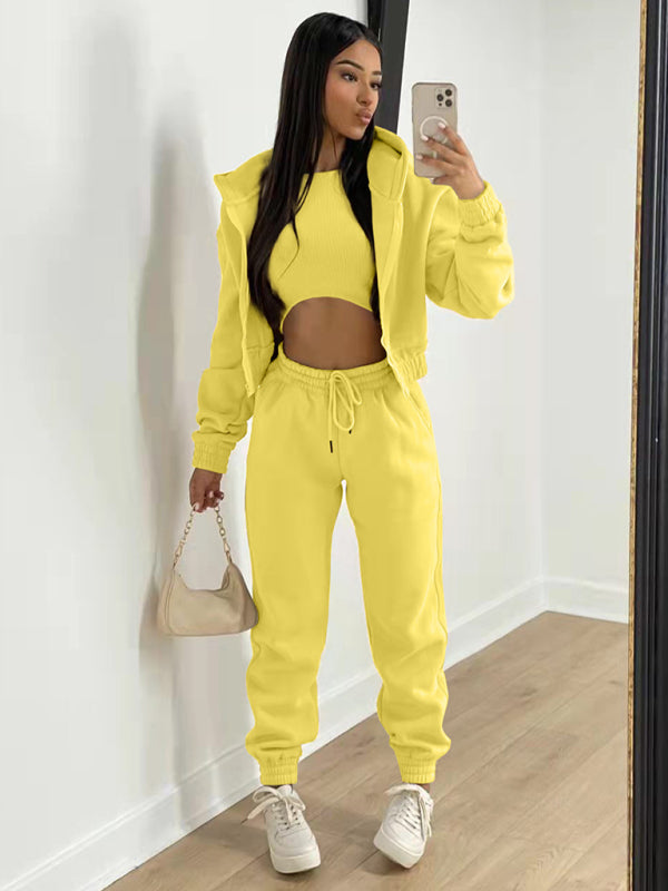 Women's Knitted Casual Sports Fleece Hooded Three-piece Suit - Yellow