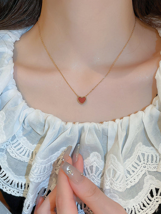 Small Double Sided Heart Necklace - Red One Size