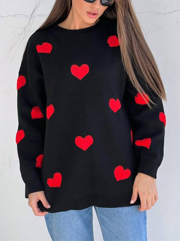 Thick Loose Round Neck Sweaters with Heart Pattern - Black