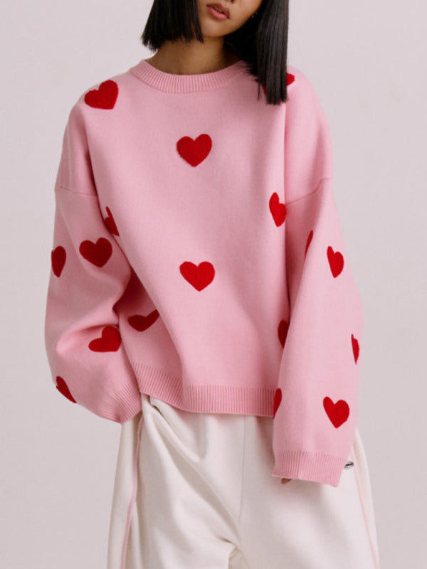 Thick Loose Round Neck Sweaters with Heart Pattern - Pink