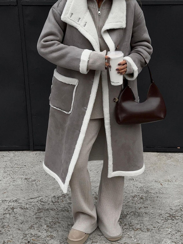 Grey & White Patch Pocket Lapel Coat with Furry Collar -