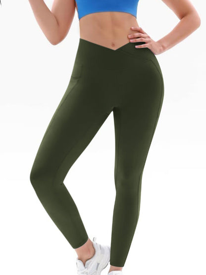Crossed High Waist Leggings with Side Pockets - Olive green