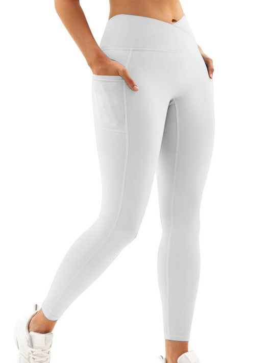Crossed High Waist Leggings with Side Pockets - White