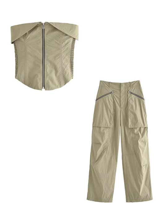 Long Paper Bag Pants with Large Pockets - Khaki