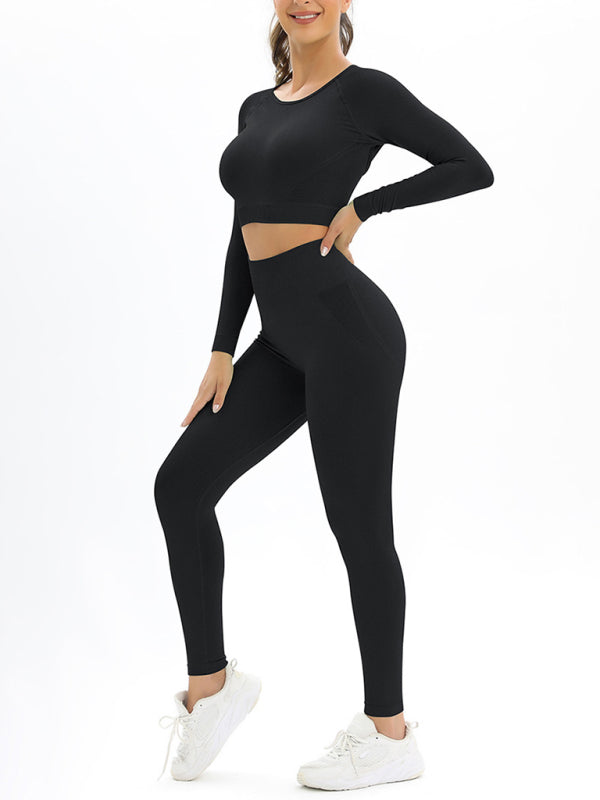 Seamless Long-Sleeved Workout Outfit - Black