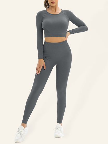 Seamless Long-Sleeved Workout Outfit - Charcoal grey