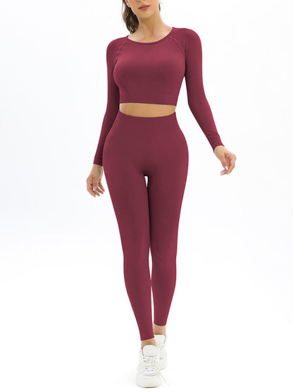 Seamless Long-Sleeved Workout Outfit - Wine Red