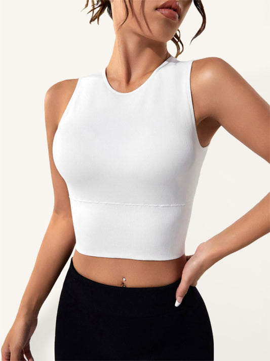 Backless Round Neck Sports Cropped Tank Top - White